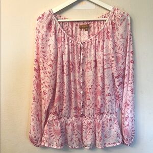 Ellen Tracy Pink and White Peplum Long Sleeve Blouse